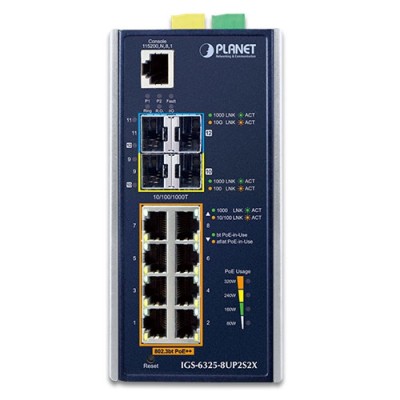 PLANET IGS-6325-8UP2S2X Industrial L3 8-Port 10/100/1000T 802.3bt PoE + 2-Port 1G/2.5G SFP + 2-Port 10G SFP+ Managed Ethernet Switch