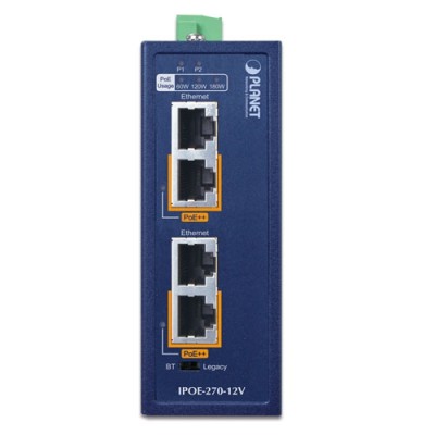 PLANET IPOE-270-12V Industrial 2-port Multi-Gigabit 802.3bt PoE++ Injector Hub w/12V Booster (-40~75 degrees C, 12~54VDC)