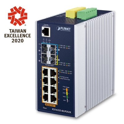 PLANET IGS-6325-8UP2S2X Industrial L3 8-Port 10/100/1000T 802.3bt PoE + 2-Port 1G/2.5G SFP + 2-Port 10G SFP+ Managed Ethernet Switch