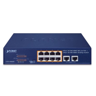 PLANET GSD-1008HP 8-Port 10/100/1000T 802.3at PoE + 2-Port 10/100/1000T Desktop Switch (120 watts)