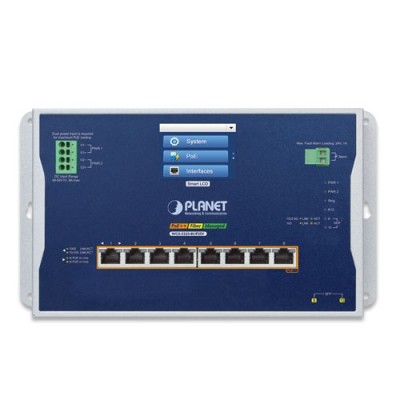 PLANET WGS-5225-8UP2SV Industrial L2+ 8-Port 10/100/1000T 802.3bt PoE + 2-Port 1G/2.5G SFP Wall-mount Managed Switch with LCD Touch Screen