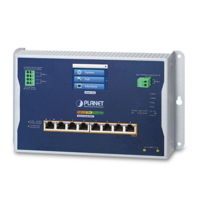 PLANET WGS-5225-8UP2SV Industrial L2+ 8-Port 10/100/1000T 802.3bt PoE + 2-Port 1G/2.5G SFP Wall-mount Managed Switch with LCD Touch Screen