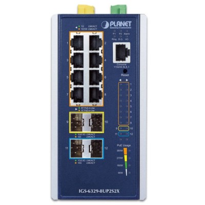 PLANET IGS-6329-8UP2S2X Industrial L3 8-Port 10/100/1000T 802.3bt PoE + 2-Port 1G/2.5G SFP + 2-Port 10G SFP+ Managed Ethernet Switch