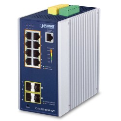 PLANET IGS-5225-8P4S-12V Industrial L2+ 8-Port 10/100/1000T 802.3at PoE + 2-Port 100/1G SFP + 2-Port 100/1G/2.5G SFP Managed Ethernet Switch w/ 12V Booster