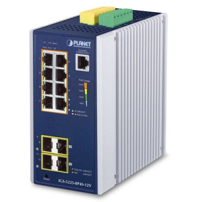 PLANET IGS-5225-8P4S-12V Industrial L2+ 8-Port 10/100/1000T 802.3at PoE + 2-Port 100/1G SFP + 2-Port 100/1G/2.5G SFP Managed Ethernet Switch w/ 12V Booster