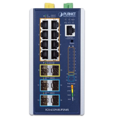 PLANET IGS-6329-8UP2S4X Industrial L3 8-Port 10/100/1000T 802.3bt PoE + 2-Port 1G/2.5G SFP + 4-Port 10G SFP+ Managed Ethernet Switch