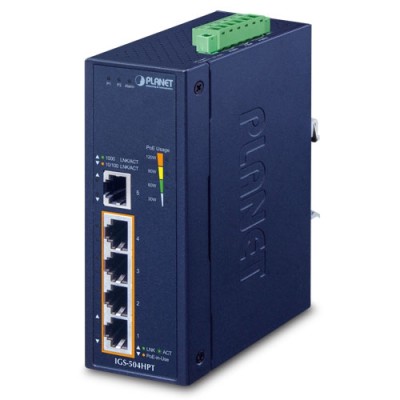 PLANET IGS-504HPT Industrial 4-Port 10/100/1000T 802.3at PoE + 1-Port 10/100/1000T Gigabit Ethernet Switch