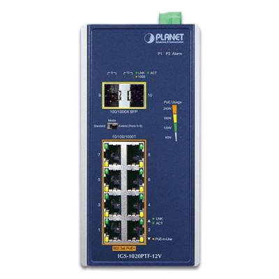 PLANET IGS-1020PTF-12V Industrial 8-Port 10/100/1000T 802.3at PoE + 2-Port 100/1000X SFP Ethernet Switch w/ 12V Booster