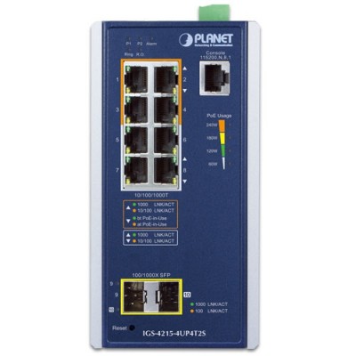 PLANET IGS-4215-4UP4T2S Industrial 4-Port 10/100/1000T 802.3bt PoE + 4-Port 10/100/1000T + 2-Port 100/1000X SFP Managed Switch