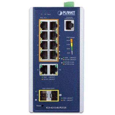 PLANET IGS-4215-8UP2T2S Industrial 8-Port 10/100/1000T 802.3bt PoE + 2-Port 10/100/1000T + 2-Port 100/1000X SFP Managed Switch