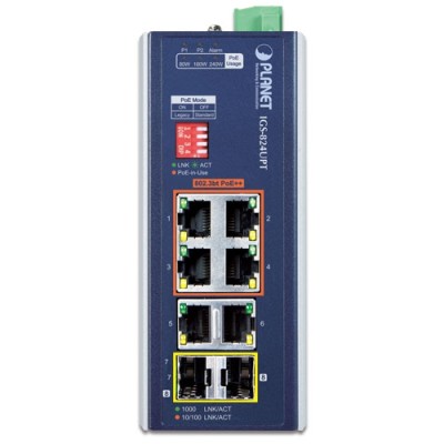 PLANET IGS-824UPT Industrial 4-Port 10/100/1000T 802.3bt PoE + 2-Port 10/100/1000T + 2-Port 100/1000X SFP Gigabit Ethernet Switch