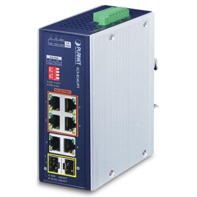 PLANET IGS-824UPT Industrial 4-Port 10/100/1000T 802.3bt PoE + 2-Port 10/100/1000T + 2-Port 100/1000X SFP Gigabit Ethernet Switch