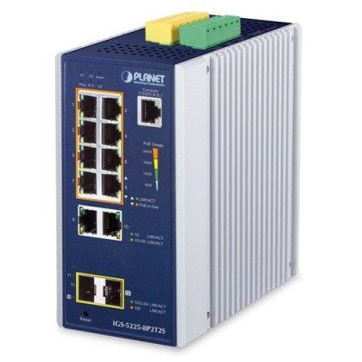 PLANET IGS-5225-8P2T2S Industrial L2+ 8-Port 10/100/1000T 802.3at PoE + 2-Port 10/100/1000T + 2-Port 1G/2.5G SFP Managed Ethernet Switch