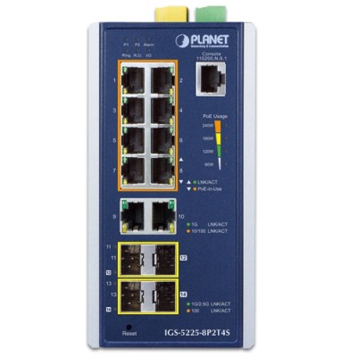 PLANET IGS-5225-8P2T4S Industrial L2+ 8-Port 10/100/1000T 802.3at PoE + 2-Port 10/100/1000T + 2-Port 100/1G SFP + 2-Port 100/1G/2.5G SFP Managed Ethernet Switch