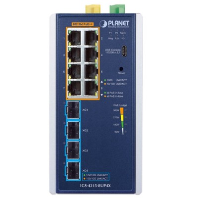 PLANET IGS-4215-8UP4X Industrial L2/L4 8-Port 10/100/1000T 802.3bt PoE + 4-Port 10G SFP+ Managed Ethernet Switch