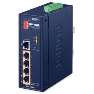 PLANET ISW-504PT Industrial 5-Port 10/100TX Ethernet Switch with 4-Port 802.3at PoE+