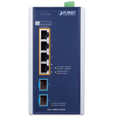 PLANET IGS-1000-4UP2X Industrial 4-Port 10/100/1000/2500T 802.3bt PoE + 2-Port 10G SFP+ Ethernet Switch